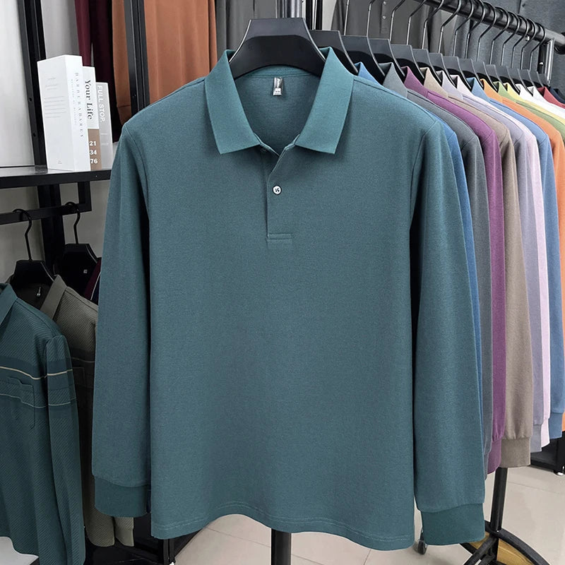 100%pure cotton autumn winter men's high-end designer fashionable long sleeved boutique button casual comfortable polo shirt top