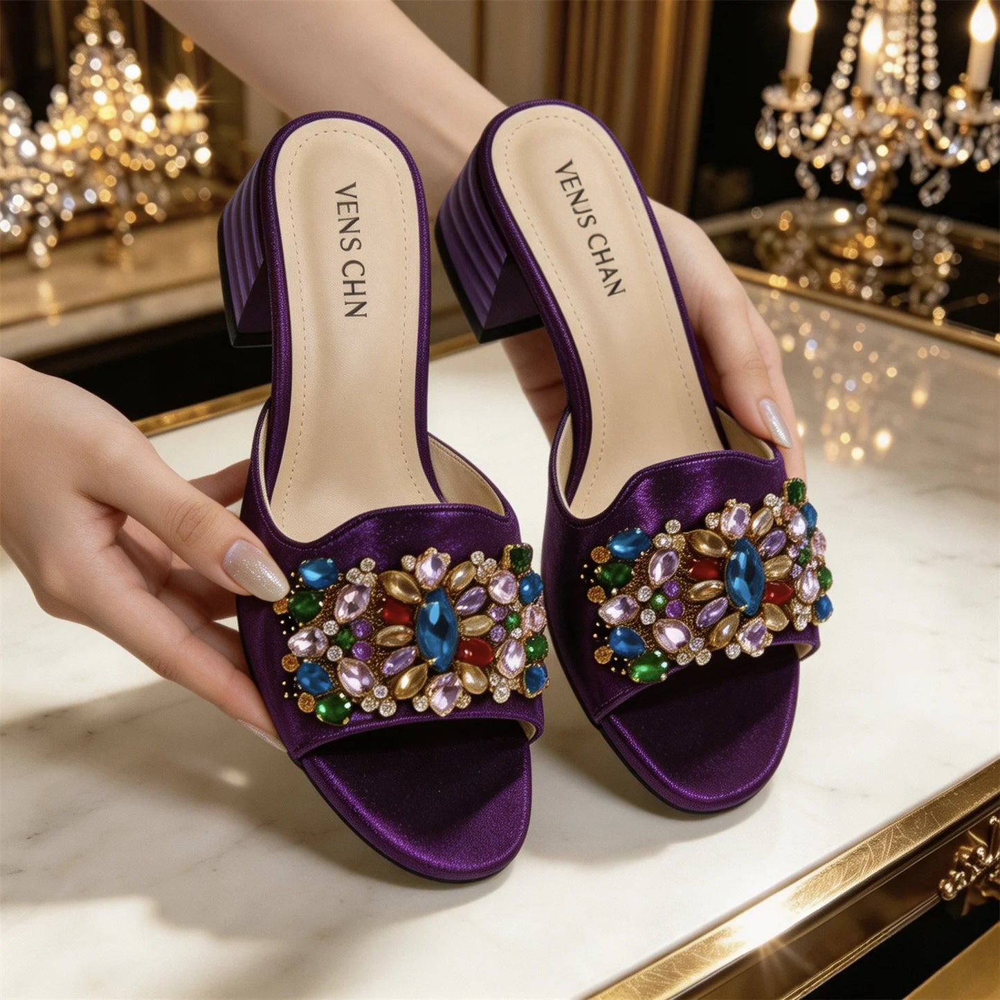 2026 Italian Luxury Dark Purple Rhinestone Sandals Matching Bag Set Women Peep Toe Block Heel Mules Ladies Evening