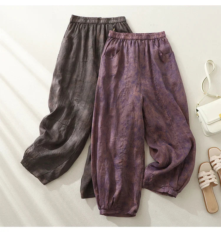Retro Waterprint Linen Casual Nine-Piece Pants plus Size Women's Loose Elastic Waist Versatile Wide Leg Harlan Pants