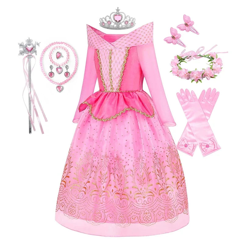 Sleeping Beauty Aurora Princess Dress Cosplay Off Shoulder Kids Gifts Fancy Halloween Party Girl Baby Lace Dress Set