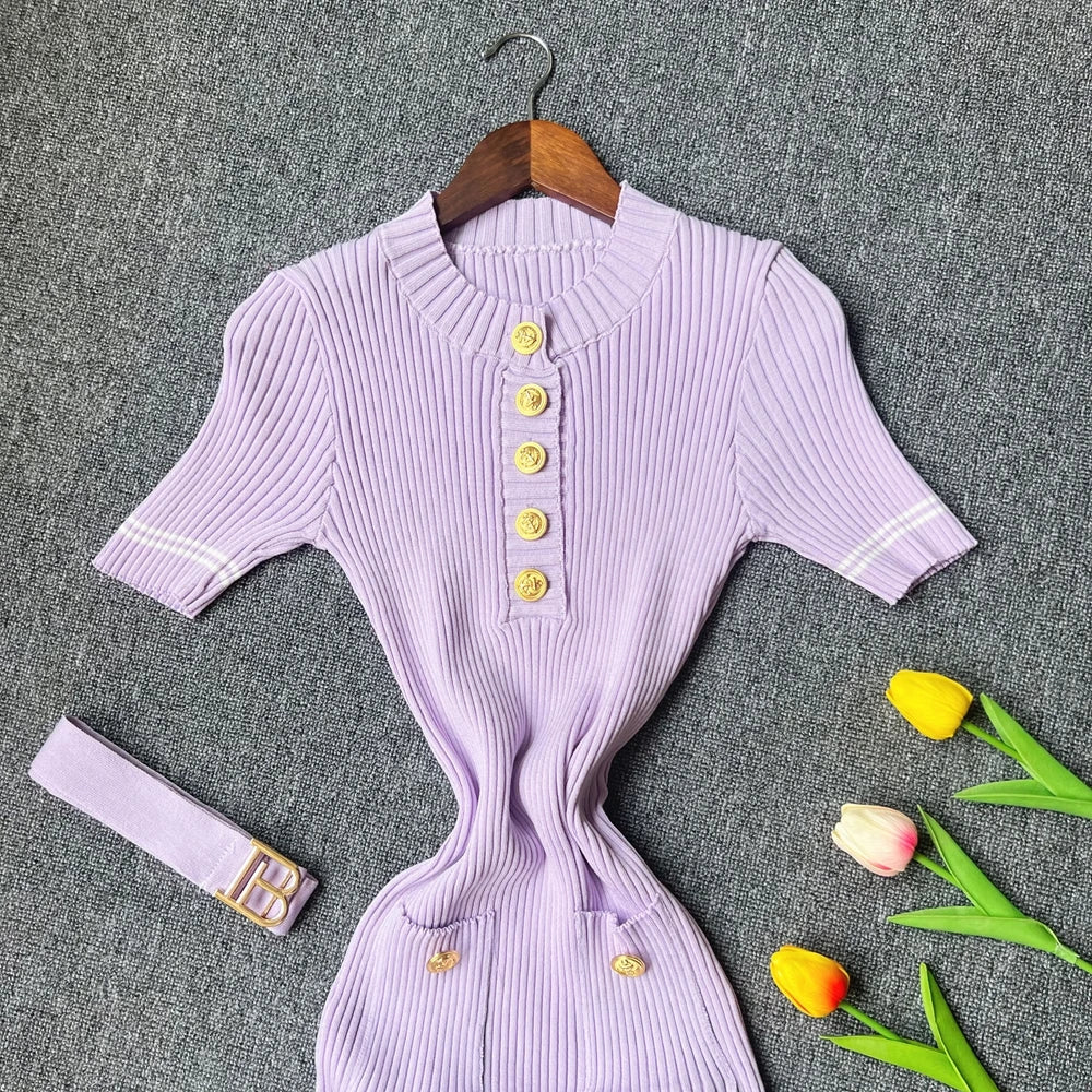 2025 Autumn Winter Women Knitted Dress Brand Fashion O-neck Buttons Bodycon Sweater Dress with Belt Lady Office Dress
