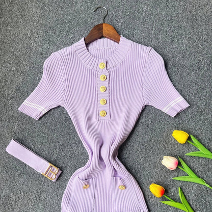 2025 Autumn Winter Women Knitted Dress Brand Fashion O-neck Buttons Bodycon Sweater Dress with Belt Lady Office Dress