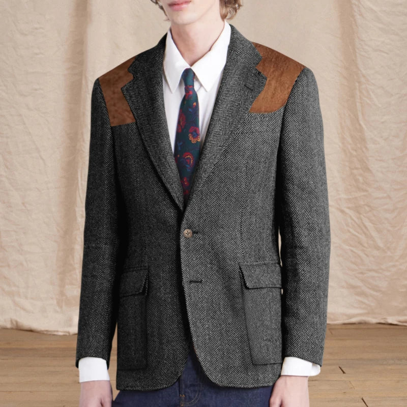 Vintage Men's Herringbone Tweed Blazer Suede Shoulder Patch Notch Lapel Slim Fit Jacket Casual Business Suit Sport Coat for Men