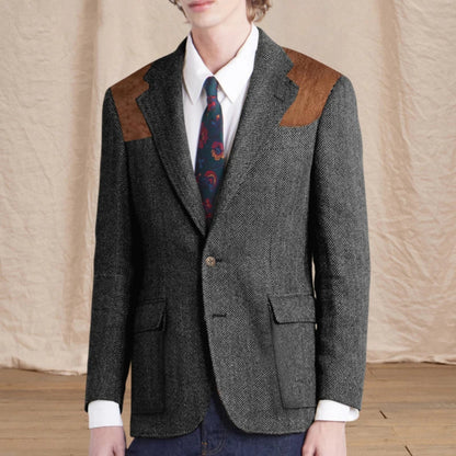 Vintage Men's Herringbone Tweed Blazer Suede Shoulder Patch Notch Lapel Slim Fit Jacket Casual Business Suit Sport Coat for Men
