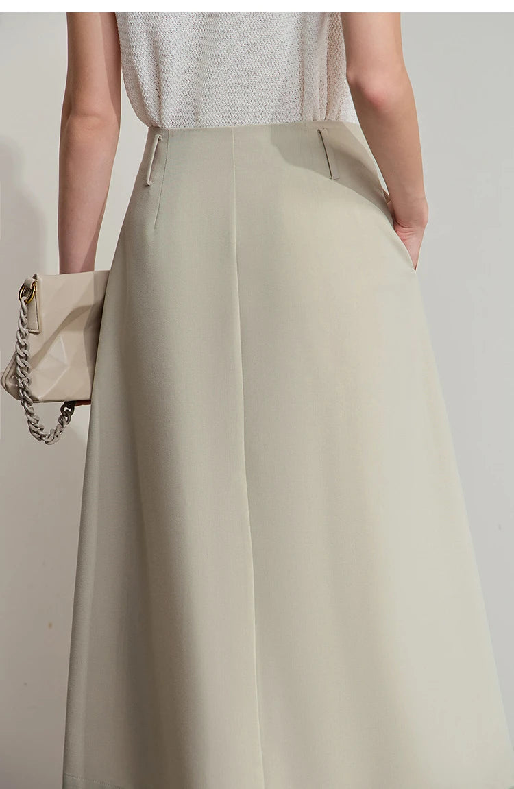 Minimalist Knee length Skirt Women Pleated A-line Loose Dress Elegant Commuting Style Belt Decoration Skirts 12522074