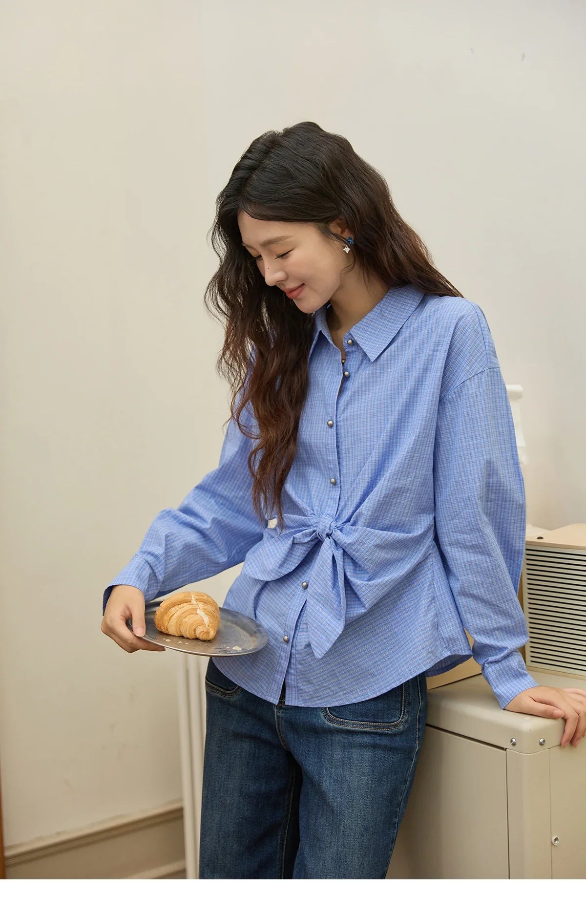 Blue Plaid 100 Cotton Shirt Autumn 2025 Bow Tie Waist Matte Silver Butto Shirts Lapel Dropped Sleeved Tops MXE44C2395