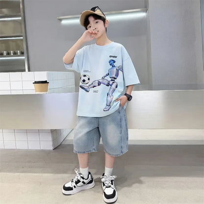 Tween Boys Summer Sets Clothing Child Tshirt Denim Shorts Two Pieces Sports Suit For Kids Teenagers 5 6 7 8 9 10 11 12 13 14 Yrs