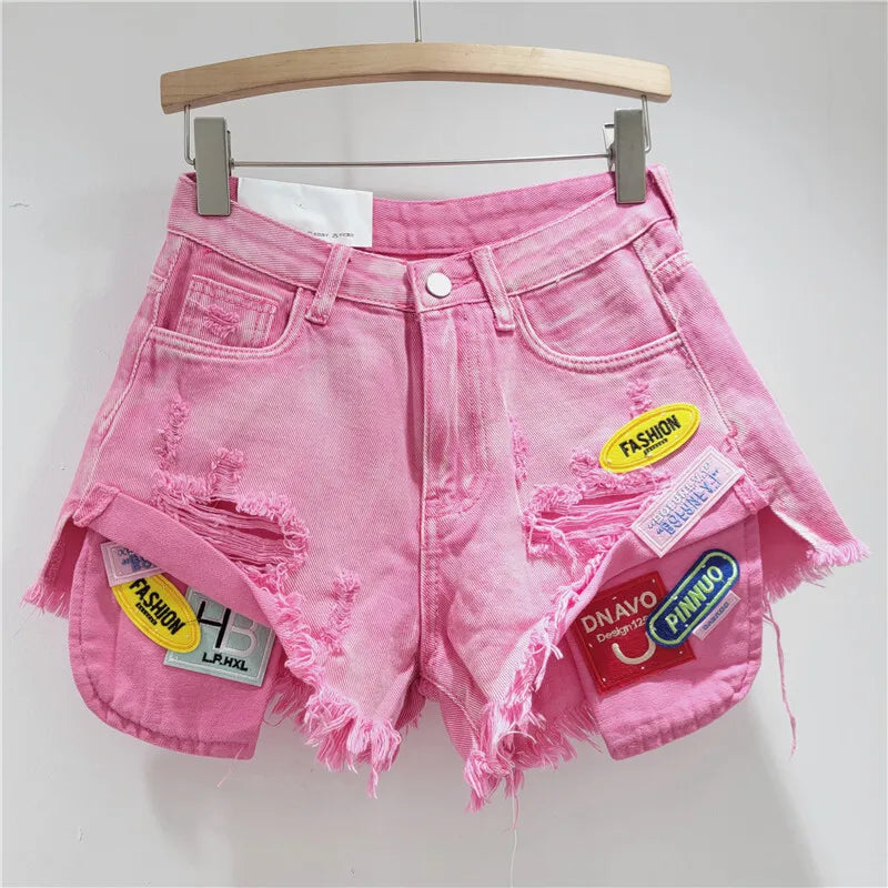New Trendy Women's Spliced Hole Burr Edge Denim Shorts 2025 Summer Fashion High Waist A-line Short Pants Female 1LS2103