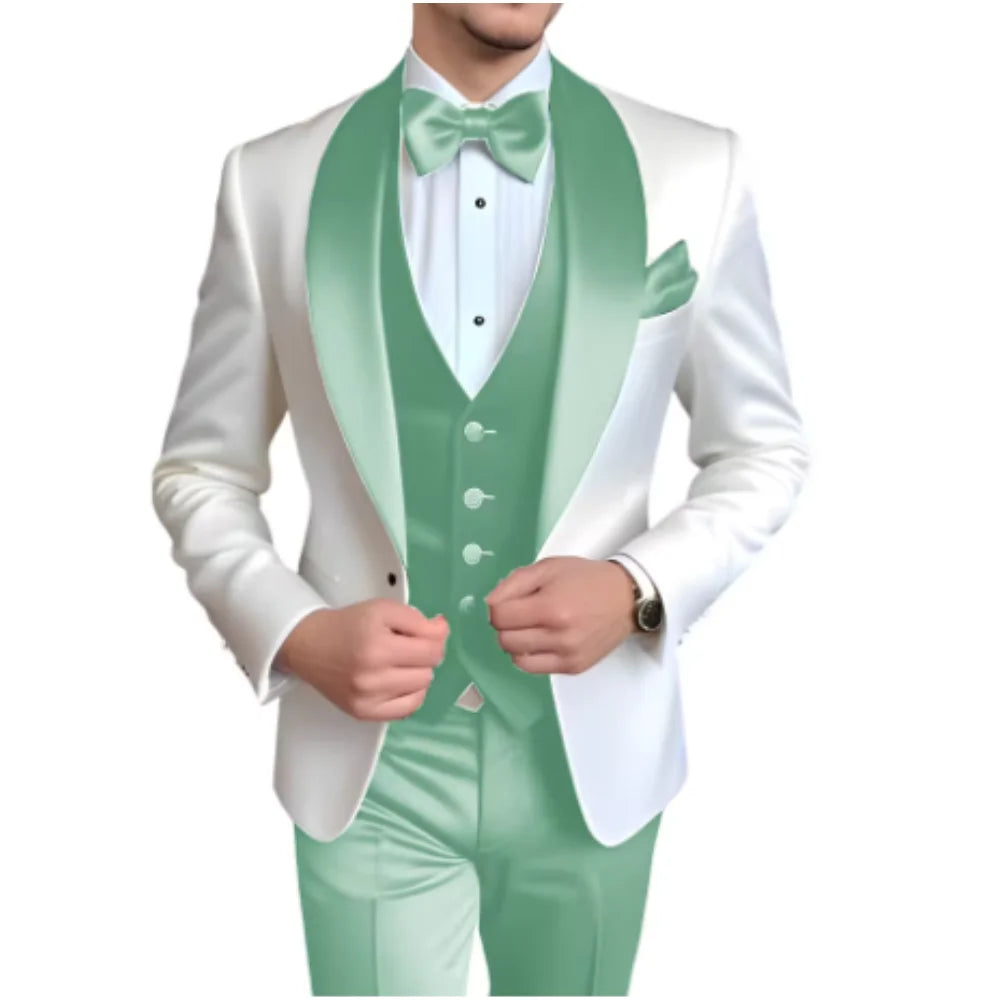 Customized Men's 3 Piece Tuxedo With Scarf Lapel Smoking Suit Wedding Groomsmen Formal Party Blazer Terno Masculino