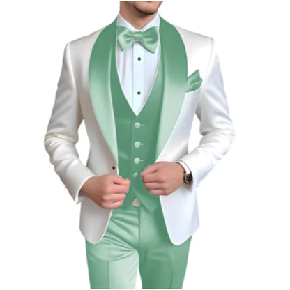 Customized Men's 3 Piece Tuxedo With Scarf Lapel Smoking Suit Wedding Groomsmen Formal Party Blazer Terno Masculino