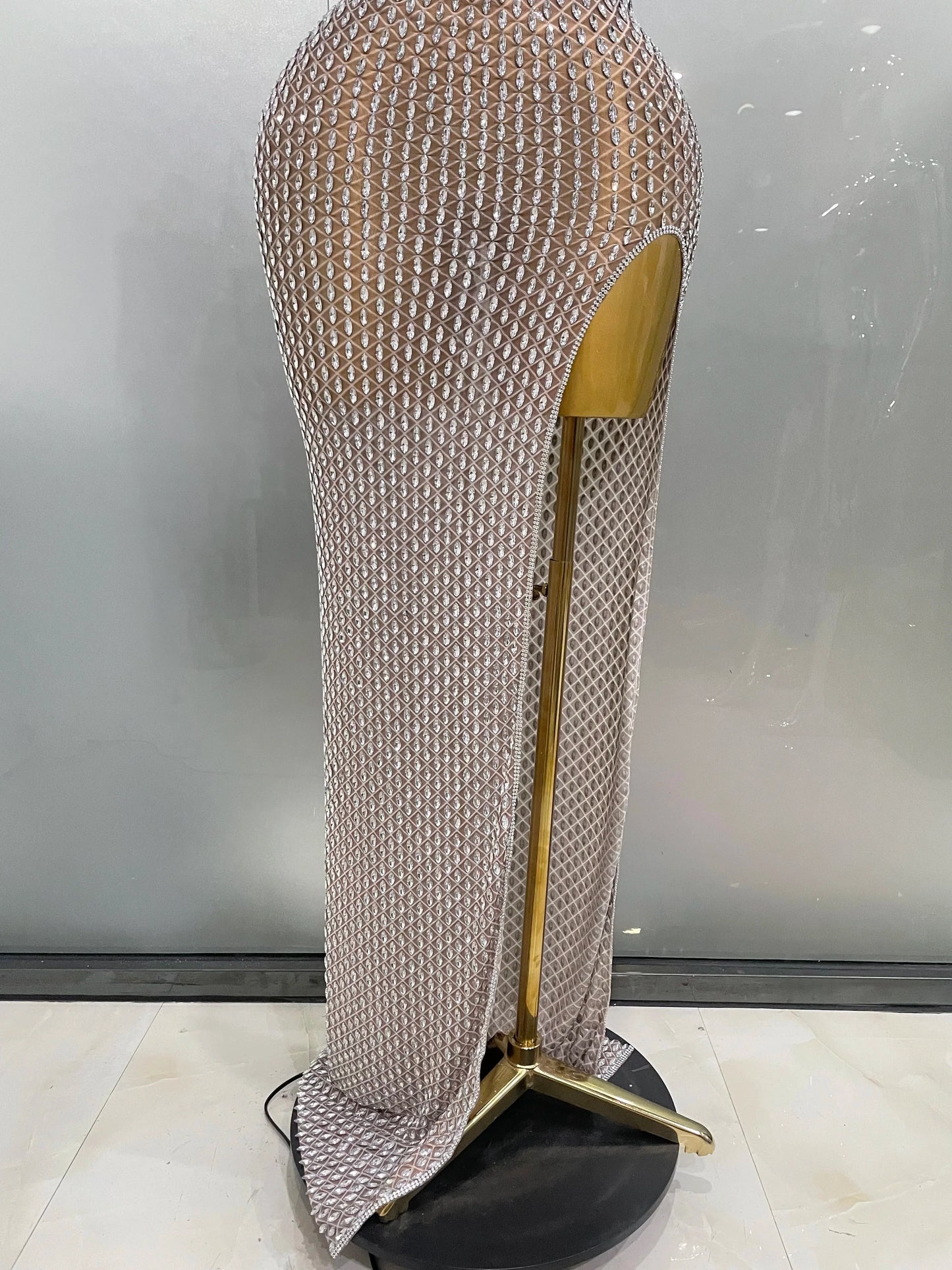 2025 Luxurious Full Rhinestones Mesh Transparent Long Dress Women Birthday Celebrate Evening Prom Dress Party Club Stage Costume