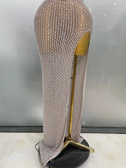 2025 Luxurious Full Rhinestones Mesh Transparent Long Dress Women Birthday Celebrate Evening Prom Dress Party Club Stage Costume