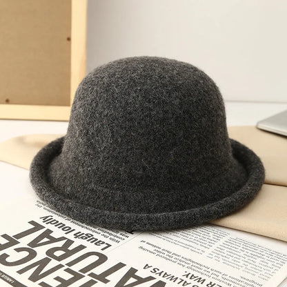 Women Hat Winter Wool Knitted Fedora Small Topper Hat Casual Ladies Solid Color British Top Hat Rolled Brim Official Website