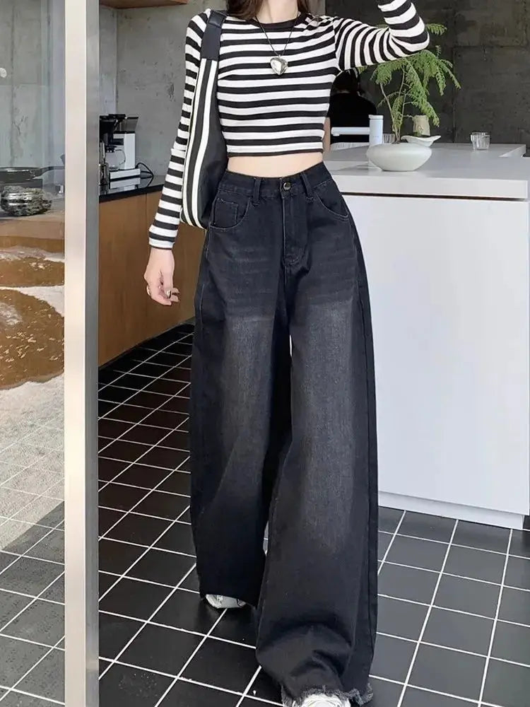 Elegant Chic American Vintage Black Wide Leg Jeans Women High Waist Loose Fit Slimming Draping Raw Hem Floor Length Denim