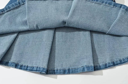 2025 Summer New TARUXY Denim Y2k Skirt with Pleats and Belt 90s E-girl Korean Skirts For Women High Street Jeans Short Bottom