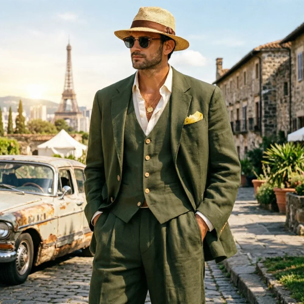 Relaxed Linen Men Suits Dark Green 3 Pieces Minimalist Single Breasted Casual Suit For Summer Wedding Party Business Occasion