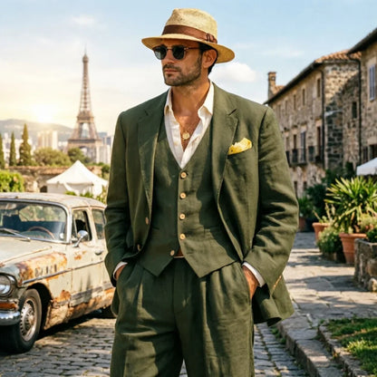 Relaxed Linen Men Suits Dark Green 3 Pieces Minimalist Single Breasted Casual Suit For Summer Wedding Party Business Occasion
