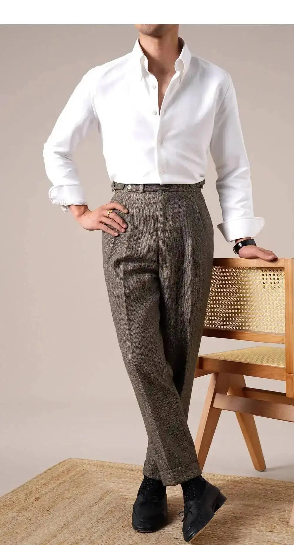 Autumn Herringbone Dress Pants For Men Naples Men's Wool Blend High Waist Social Casual Versatile Long Pants Office Trousers Men