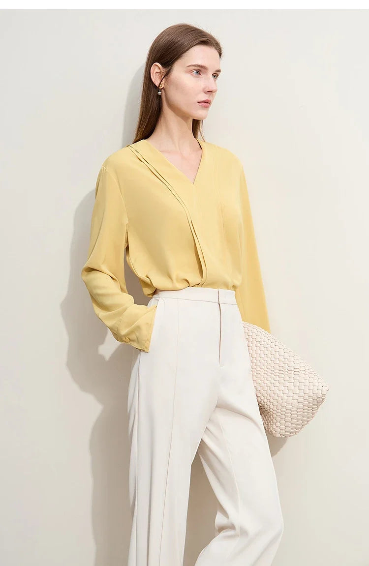 Autumn New Elegant Blouses Women 2025 V-neck Solid Long Sleeve Shirts Female Fashion Office Lady Straight Clothing 12521087
