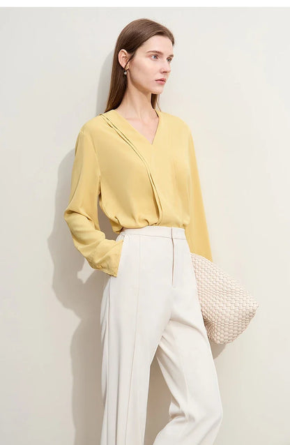 Autumn New Elegant Blouses Women 2025 V-neck Solid Long Sleeve Shirts Female Fashion Office Lady Straight Clothing 12521087