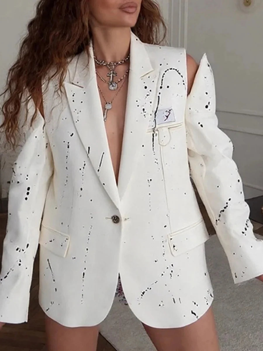 Ink Splashing Print Fashion Blazer for Women Notched Collar Long Sleeve Hollow Out Design Loose Coat Female Autumn