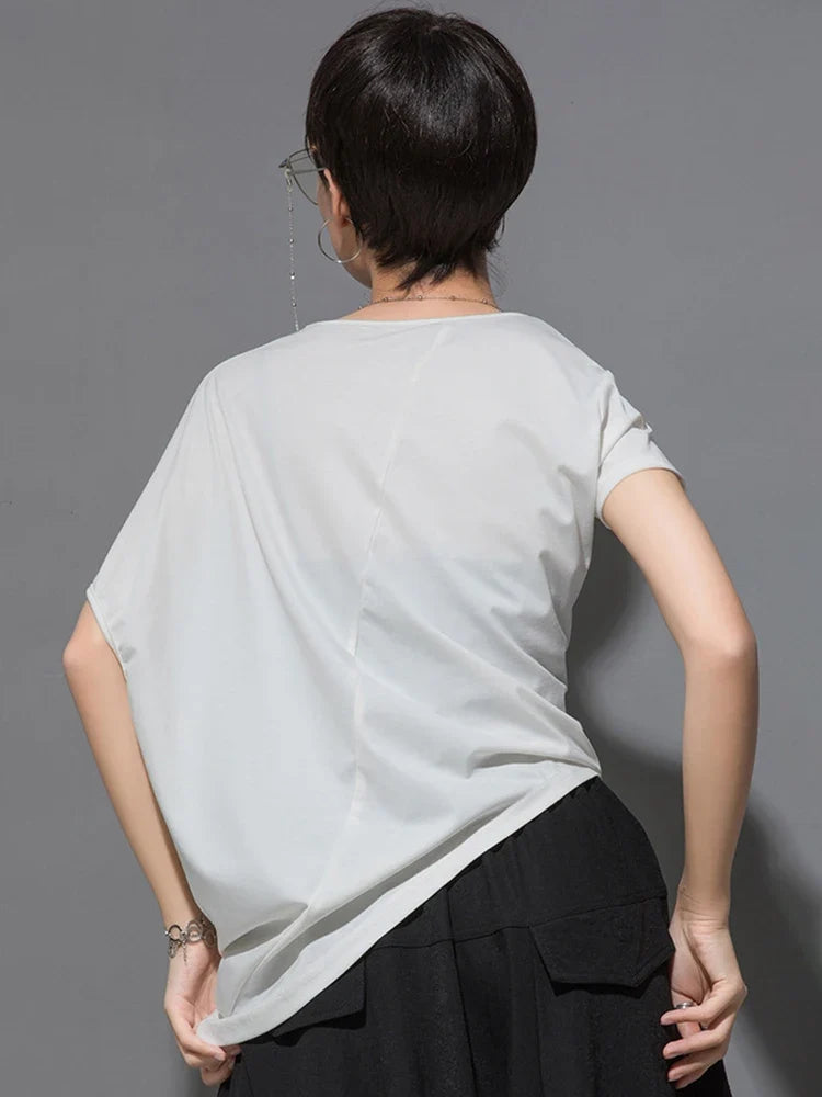 Women Black Asymmetric Pleated Big Size T-shirt New Round Neck Batwing Sleeve Fashion Tide Spring Summer 2026 1DF4667