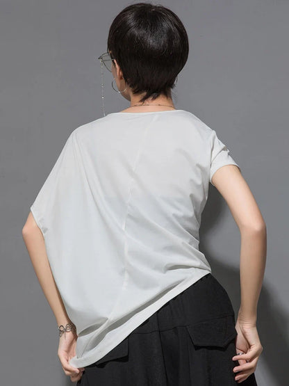 Women Black Asymmetric Pleated Big Size T-shirt New Round Neck Batwing Sleeve Fashion Tide Spring Summer 2026 1DF4667