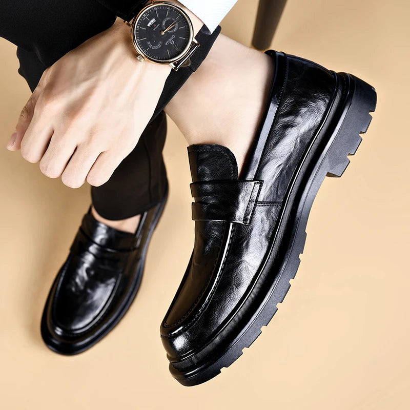 Thick Bottom Leather Shoes Handmade Loafers for Men High Quality Dress Shoes Male Social Masculino Business Botas Para Hombre
