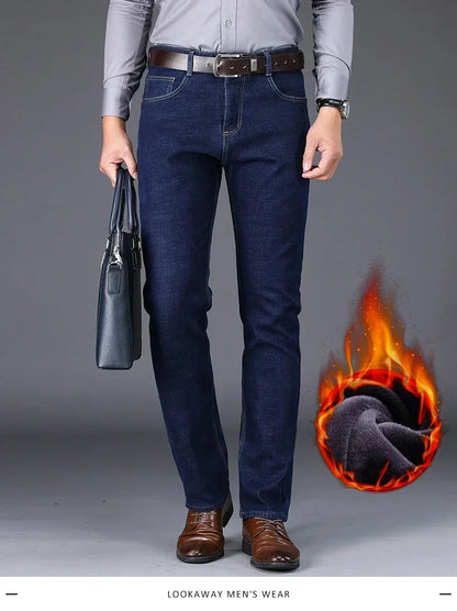 New Men's Fleece Warm Jeans Winter Thicken Plush Velvet Business Office Denim Trousers Brand Clothing Stretch Casual Male Pants