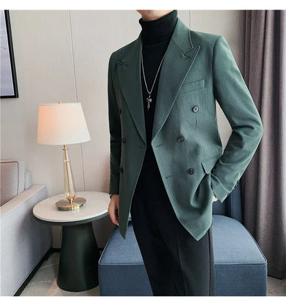 Classic Luxury Striped Men Suit Jacket Fashion Double Breasted Business Office Wedding Tuxedos Male High Quality Slim Fit Blazer