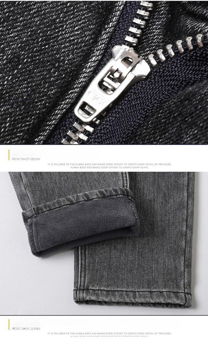 Men's Winter Stretch Fleece Jeans Thickened Warm Loose Straight Velvet Denim Trousers Classic Business Casual Black Work Pants