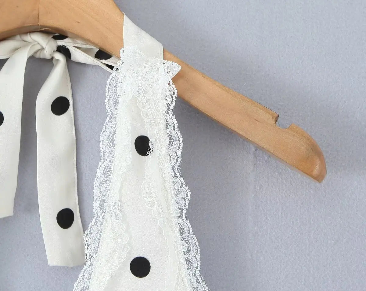 Lace Spliced Polka Dot Halter Dress Women Elegant A-line Mini Sexy Backless Dresses Summer Robe 2025