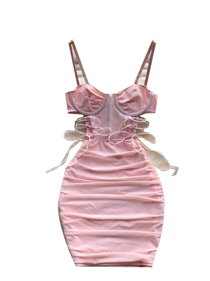 Ins Sexy Hollow Out Sling Dress with Exposed Waist Bandage Pleated Slim Fit Bodyocn Girl's Photo Date Short Dress