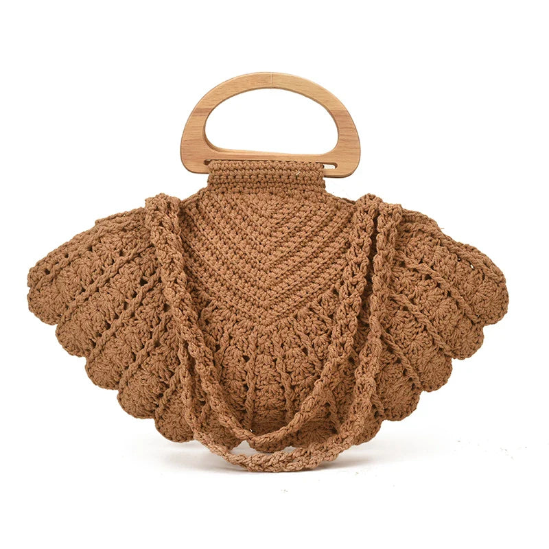 2026 New Retro Fan-shaped Crochet Woven Underarm Bag for Women Ins Style Seaside Vacation Versatile Wooden Handle Shoulder Bag