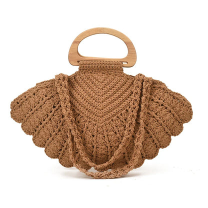 2026 New Retro Fan-shaped Crochet Woven Underarm Bag for Women Ins Style Seaside Vacation Versatile Wooden Handle Shoulder Bag