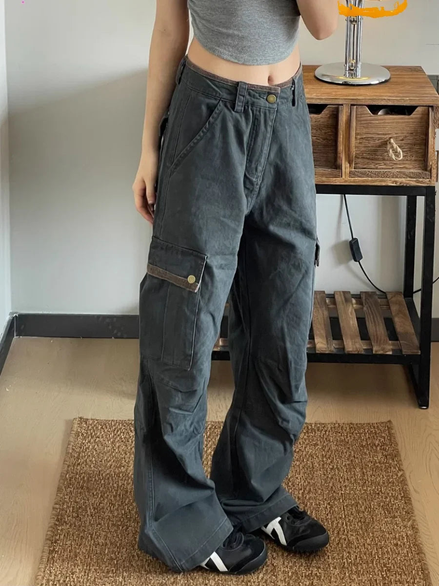 American Retro Workwear Denim Pants Women's High Waist Wide Leg Loose Straight Cut Trousers Spring Autumn New Sle Multi ket