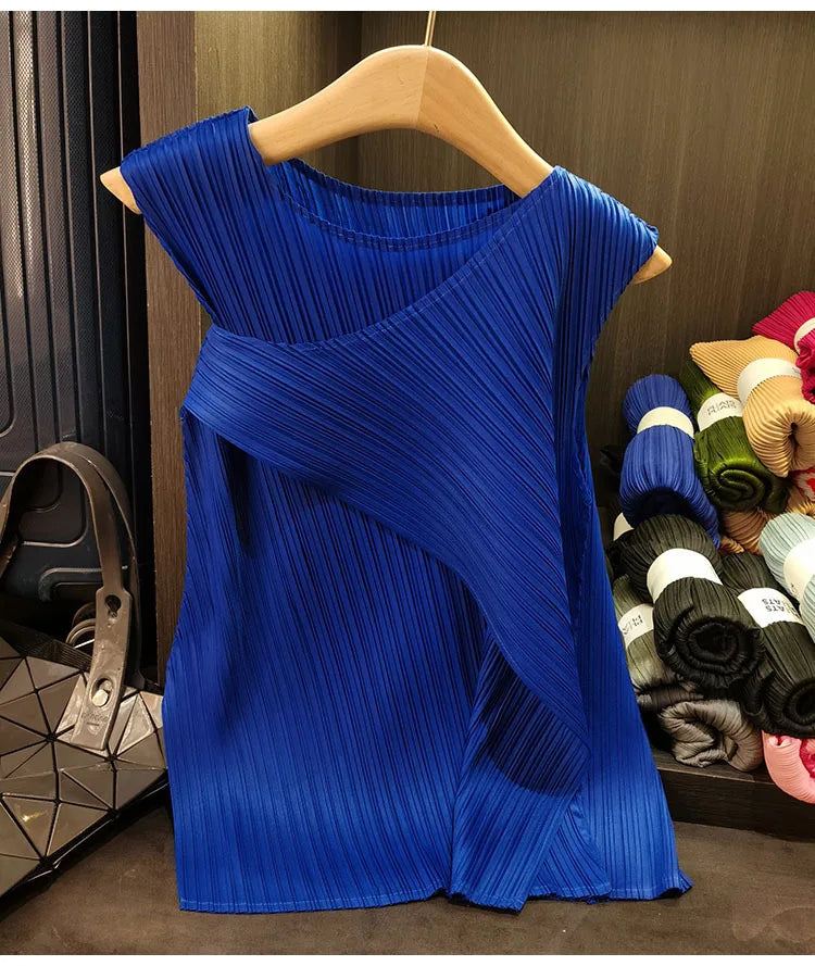 Sleeveless T-shirt Miyake Pleated Summer New Round Neck Slim Thin Versatile Irregular Women's Undershirt Tops Multiple Ways Wear