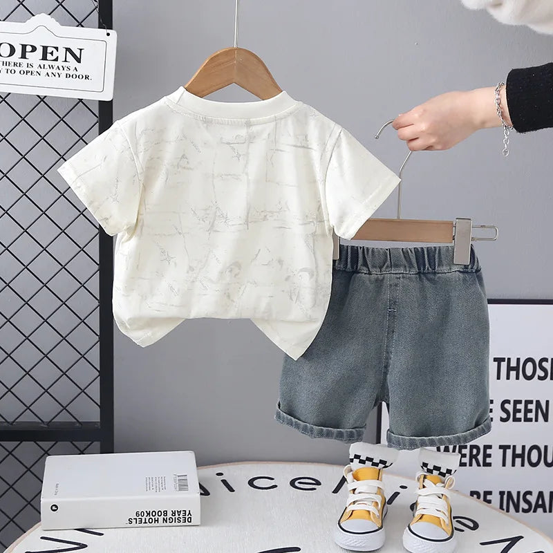 New Summer Baby Boys Clothes Suit Children Fashion  Letter Pocket T-shirt Denim Shorts 2Pcs/Set Toddler Clothing Kids Tracksuits