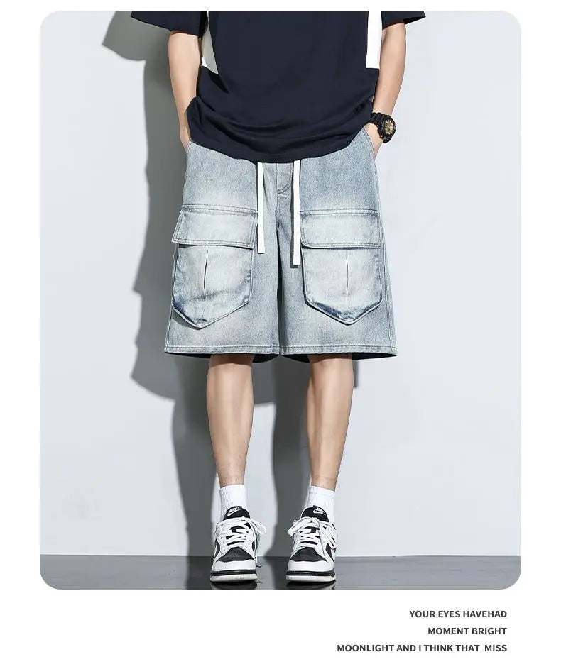 Bermuda Men's Denim Shorts Summer New Fashion Loose Jeans Casual Vintage Drawstring Cargo Short Pants Male Streetwear