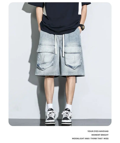 Bermuda Men's Denim Shorts Summer New Fashion Loose Jeans Casual Vintage Drawstring Cargo Short Pants Male Streetwear