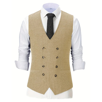 Men Vest Chanpagne Herringbone Double Button V Neck Waistcoat For Wedding Party Business Work Office Daily Casual Men Suit Vest