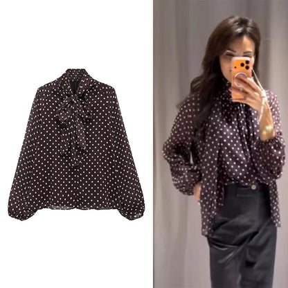 Polka Dot Printed Women Shirt 2026 Spring New Bow Tied Blouse Woman Tops Lady Ruffles Long Sleeve Loose Elegant Blouses Top ﻿