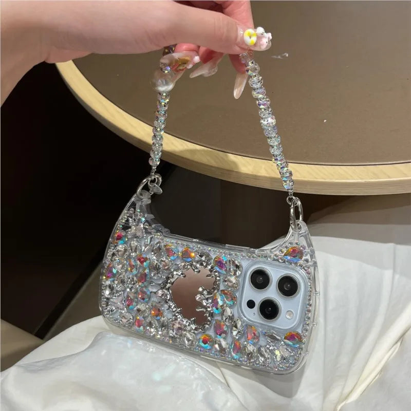 Luxury Bling Rhinestone Hand Bag with Mirror For iphone 17 pro max case 11 12 13 14 15 16 Pro Max Plus Phone Cases For 16 Pro