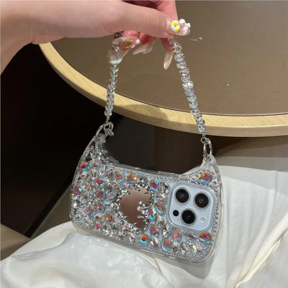Luxury Bling Rhinestone Hand Bag with Mirror For iphone 17 pro max case 11 12 13 14 15 16 Pro Max Plus Phone Cases For 16 Pro