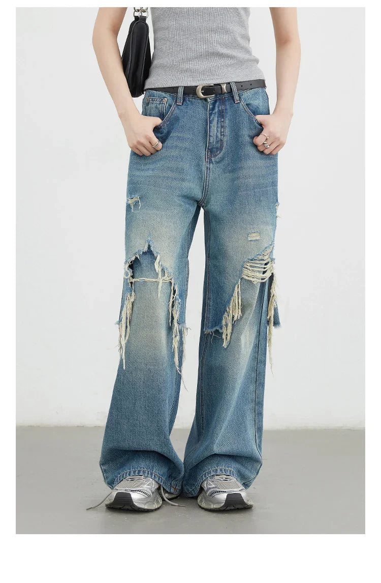 Women Jeans Loose Casual High Waisted Wide Leg Ripped Rough Edge Denim Pants Female Trousers Spring Autumn 2025