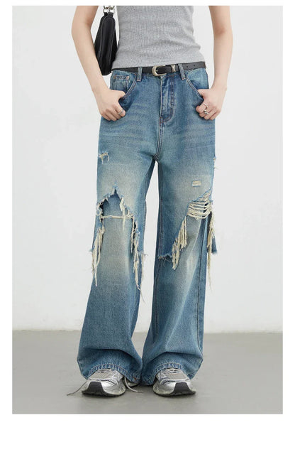 Women Jeans Loose Casual High Waisted Wide Leg Ripped Rough Edge Denim Pants Female Trousers Spring Autumn 2025