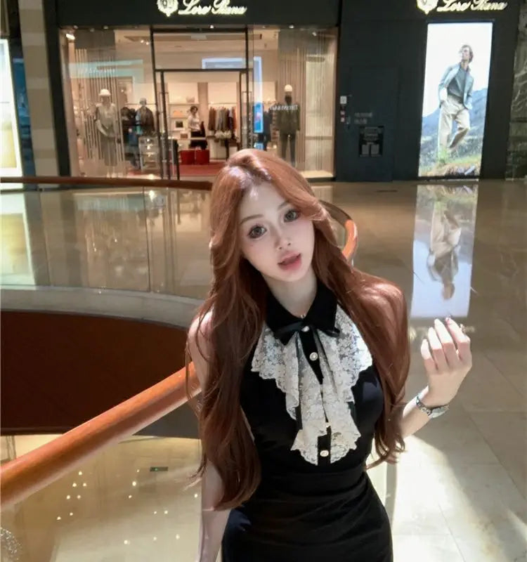 Hotsweet Y2k Dress Women Lace Splicing Bow Halter Waist Slim Fit Hip Mini Dresses Fashion Birthday Party Vestido Summer