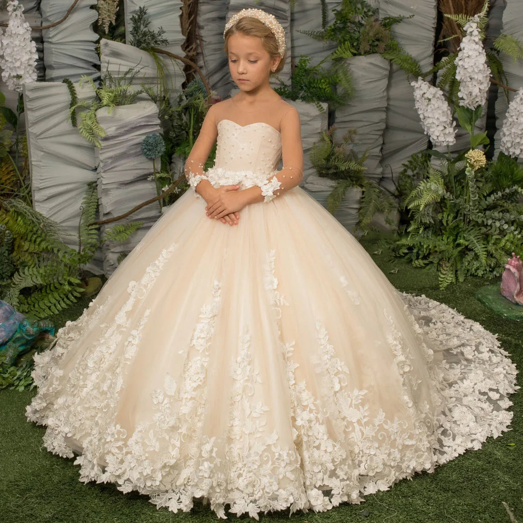 Customized Flower Girl Dress Light Champagne Pearls Floral Appliques Long Sleeve For Wedding Birthday Prom Holy Communion Gown