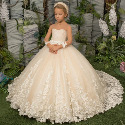 Customized Flower Girl Dress Light Champagne Pearls Floral Appliques Long Sleeve For Wedding Birthday Prom Holy Communion Gown