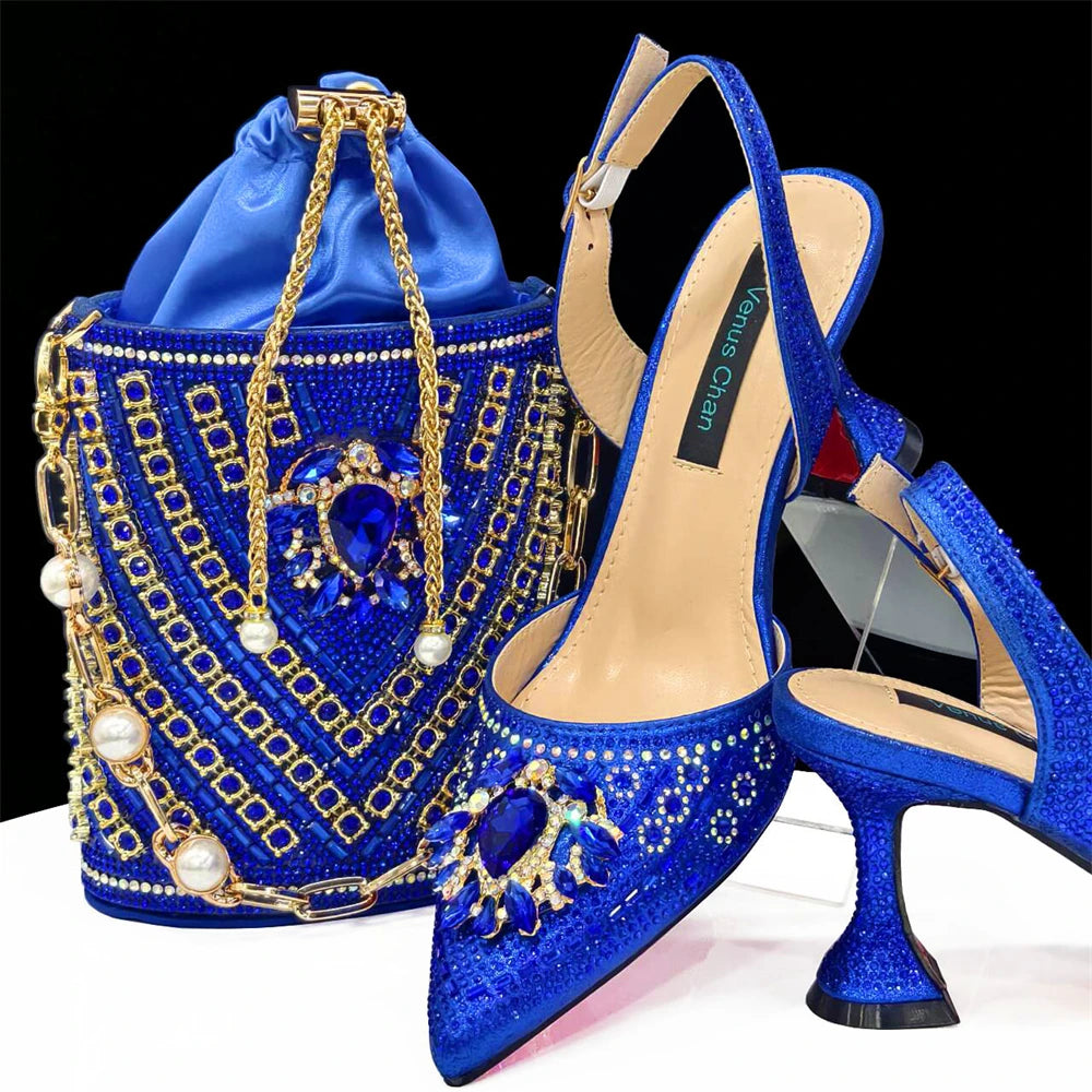2024 Latest Wedding Pointed Toe Women's Shoes High Heel Black Color Rhinestones italian shoes and bags matching set